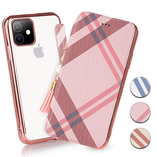 iphone 11 手帳型 ケース 2019 おしゃれ 格子 グリッド チェック柄 タッセル 2019 スマホケース iPhone 11 耐衝撃 透明 おしゃれ 大人 かわいい 軽い チェックシンプル メッキ加工 携帯カバー 2019 アイフォン11 人気 軽量 アイフォン 11 6.1 手帳型 (2019 iPhone 11(6.1″)ピンクのチェック)
