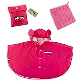 (グルポート)Grouport 耳付き アニマル キッズ レインコート ポンチョ [オリジナルタオル付き] (S, ピンク)