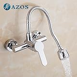 AZOS キッチン蛇口 真鍮製 単柄 銀色 壁付 任意の角度回転可能 冷熱混合水栓 取り付け幅13.5～16.5cm対応 CFLR010