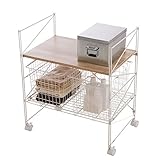 LOWYA （ロウヤ） キッチンワゴン 通気性ワイヤーフレーム 木目調天板 何にでも使えるワイヤーバスケット×2 ストッパー付きキャスター 4段階調節可動棚 ナチュラル おしゃれ