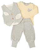 yuga☆【箱入り】「小人のベスト+バルーン・パンツ+ボーダー・Tシャツ 3点セット グレー×イエロー 100cm」 オーガニックコットン100% ベビー 服 男の子 女の子 兼用 ロンT チョッキ 