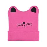 可愛い耳付き帽子　赤ちゃん幼児着　冬の暖かい　ニットのかぎ針編みの帽子　猫の耳　ビーニーキャップ　ローズレッド