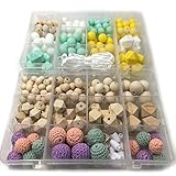 Kissteether DIYシリコーンベビーテイニングネックレスキット2箱入り収納ケース完璧なベビーテザーギフト食品グレードシリコーンTeether混合カラーかぎ針編みビーズ木製ビーズ離散セーフティ