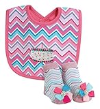 Stephan Baby Birthday Girl Embroidered 1st Birthday Bib and Bootie Socks Set, Pink Chevron Stripe by