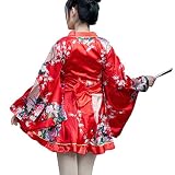 [ZYJ] レディース 着物 ショート浴衣 セクシー 着物ミニドレス フローラル 無地 透けて見える Vネック バスローブ ナイトガウン (孔雀柄-赤) Free Size