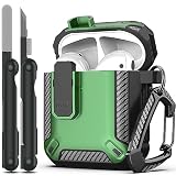 RFUNGUANGO AirPods 第 2 世代ケースカバー クリーナーキット付き ミリタリーハードシェル保護アーマー ロック付き AirPod Gen 1&2 充電ケース用 フロント LED 可視 グリーン
