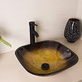bathjoyバスルームスクエアラセット強化ガラス容器シンクwith Orb蛇口and Pop upドレイン