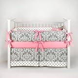 Damask Polkadot Gray & Bubblegum Baby Bedding - 5pc Crib Set by Sofia Bedding by Sofia Bedding