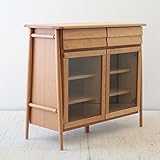 北欧 天然木アルダー無垢材のサイドボード リビングボード キャビネット ガラス開き戸 ナチュラル（NA）