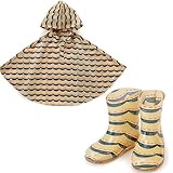 LATAKKO キッス゛ホ゜ンチョ　ウェーフ゛（100cm）＆レインブーツ（16cm） ポンチョ レインコート キッズ 100cm 子供 雨合羽 長靴 キッズ 16cm レインブーツ レインポンチョ 