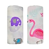 Final Home ファイナルホーム ガーゼブランケット 1レイヤー ベビー モスリン スワドル ブランケット 竹繊維100% 多機能 おくるみ バラ売り 2枚 出産祝い (フラミンゴ & 紫象)