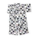 (ブラック/95cm) ベビー服 男の子 甚平 綿100％ 格子 トンボ柄 ポケット付 上下組セット 男児 ベビー