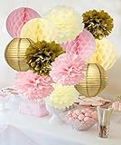 ピンククリームゴールドティッシュペーパーポンポン付きゴールドPaper Lanternピンクハニカムボールガール誕生日装飾ベビーシャワーの装飾ブライダルシャワーの装飾ピンクゴールド最初誕生日