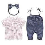 LittleSpring夏 女の子 ベビー（0-2歳）サロペット三点セット ハート総柄 薄手 コットン 半袖ｔシャツ＆水玉柄 サロペット ＆水玉柄 ヘッドバンド 新生児 出産祝い お出かけ 写真撮影 