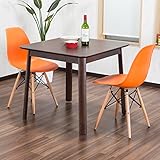 イームズダイニング3点セット 2人用 体に馴染むイームズチェア(木脚 DSW) デザイナーズ(チャールズ・レイ・イームズ) 落ち着きあるブラウンテーブル 縦横80cm お洒落な食卓セット (オレンジ色)