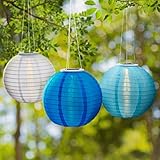 Set of 3 LED Coastal Blues 12" Solar Hanging Nylon Lanterns, Auto Timer, Water Resistant, Rechargeab