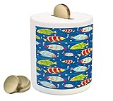 Nursery Piggy Bank by Ambesonne、鮮やかな色付きFish on a Navyブルー背景Marine Lifeデジタルアート、印刷セラミックコイン銀行お金ボックスの保存の現