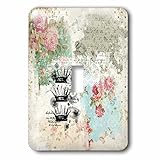 3dローズAnne Marie Baugh – コラージュ – Floral and Crownsピンク、ブルーとホワイトWritingコラージュ – 照明スイッチカバー – シングルトグルスイッチ(