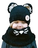 (ビグッド)Bigood 子供用 ネコ耳付き 帽子+マフラー2点セット かわいい 女の子 男の子 ニットキャップ 秋冬 防寒 暖かい ニット帽子 お出かけ（ブラック）