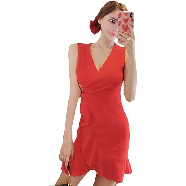 Amazon.co.jp: ワンピース ノースリーブ ミニ ロング M 赤