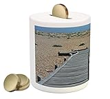 ビーチコインボックスBank by Ambesonne、Boardwalk Shingle to HorizonストーンRock Road Coastline Pebbles無限平和テーマ、印刷セラミ
