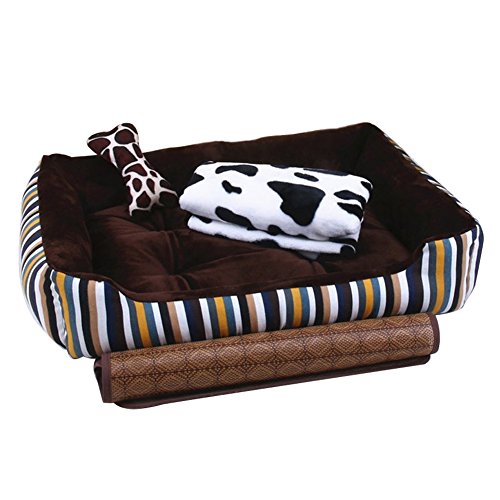 犬　猫　ベッド　モコモコ　ソフト　ペット　クッション ふんわり　休憩所　秋冬　暖かい　寝床　夏　涼しい　寝台　スクエア　マット　骨枕　ブランケット　ござ　付き　4点セット　四季通用　ストライプ　Ｌ