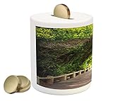 フォレストコインボックスBank by Ambesonne、Nature Boardwalk throughグリーンアーチブリッジFoliage Trees Sunny夏日、印刷セラミックコイン銀行お