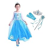 [MANAMANA] 子供ドレス プリンセスドレス プリンセス ドレス ティアラ スティック グローブ 4点セットキッズコスチューム ブルー 女の子 140 140cm