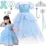 [KALAOK] コスプレ ディズニー風 プリンセス ドレス 登場 ハロウイン コスプレ 仮装 変身 コスチューム 誕生日 パーティー 豪華アクセサリー セット blue 140CM
