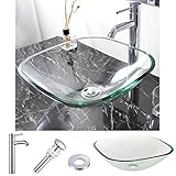 aquaterior正方形強化ガラス容器シンク盆地W /クローム蛇口取付リングとPop Up Drainコンボセットバスルーム