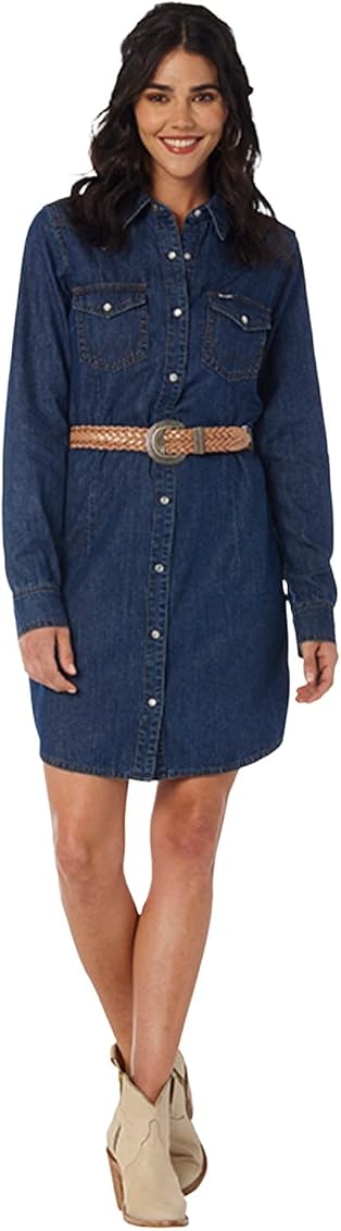 Long Sleeve Western Denim Snap Dress 