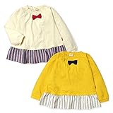 ベビー服 女の子 チュニック 長袖  ムージョンジョン 格子天竺 ストライプ フリル リボン 女児 ベビー (1.オフホワイト/90cm)