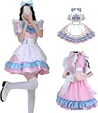 [LAMONKE] メイド服 コスプレ ハロウィン 大人用 仮装 レディース コンカフェ メイド ワンピース エプロン カチューシャ付き ５点セット 衣装 パーティー クリスマス 仮装大会 学園祭 イベント コスチューム (ピンク＆ブルー, XL)