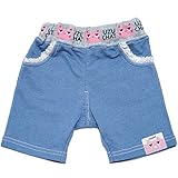 【本体綿100％】2017年 夏物 UZUCHAT ウズチャット ニットデニム パイルアップリケ ５分丈パンツ UZULAND ウズランド ブルー◇90cm