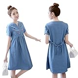 可愛い 春 夏 マタニティ デニム シャツ ワンピース レディース カジュアル 普段着 チュニック 《お腹回り ゆったり 大きい サイズ》　授乳服 ママ (L)