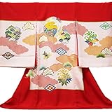 【お宮参り着物】【赤地系 鶴と亀の柄】女の子 正絹 手描友禅 摺り疋田 金駒刺繍【風呂敷プレゼント/ギフト対応】
