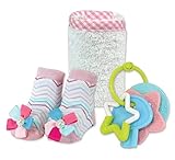 Stephan Baby Wash Cloth, Socks and Ring Rattle Gift Set, Pink and Turquoise Chevron, 0-6 Months by S