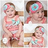 ロンパース＆ヴィンテージヘッドドレス☆コーラルピンク＆アクア　newborn-4T(50-110)【２点セット】