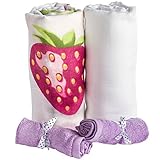 SPECIAL SALE: Organic Cotton Muslin Swaddle Blankets 2 Pack + Bonus Bamboo Washcloths 2 Pcs by BabyV