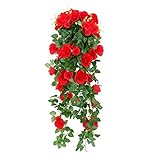 HooMall 観葉植物 シルク造花、人工 ローズ 藤等、壁掛け インテリア アンティーク 雑貨 パーティー 結婚式 装飾 DIY 人工 装飾 (レッド)