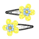 アクセサリーショップピエナ 水玉模様とチェック柄の大きめフラワーキッズ用ヘアパッチン お花 ドット イエローブルー