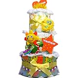 【出産祝い/おむつケーキ】　Ｓａｓｓｙ　サッシー　イエロー3段　おむつケーキ　お食事エプロンと選べる歯固め (ムーニーＭ)