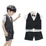 Ymgot 子供 フォーマル スーツ 男の子 半袖 ストタイプ柄 3点セット ベビー タキシード 結婚式 七五三 お宮参り パーティー (110cm, ブラック)
