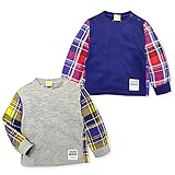 ベビー服 男の子 Tシャツ 長袖 Moujonjon ムージョンジョン ローゲージ天竺 チェック柄切替 ワッペン スナップボタン 男児 ベビー (1.グレー/95cm)