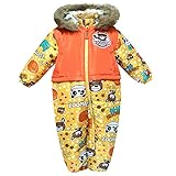 キッズ・ベビー スキーウエア ファーフード 中綿たっぷり ジャンプスーツ 男の子 男児 (イエロー 80cm)