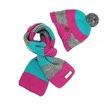 Plus Nao(プラスナオ) 子供用 ニット帽 ボンボン付き ボーダー ボタン付き マフラー付き 2点セット セットアップ ニットキャップ キッズ ジ - ローズ