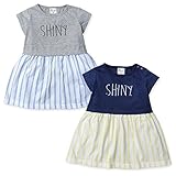 (ネイビー/90cm)ベビー服 女の子 ドッキング ワンピース 半袖 ロゴプリント Tシャツ ダブルストライプ スカート スナップボタン付 女児 ベビー