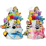 Sassy サッシー 出産祝い スーパーDX豪華3段 おむつケーキ (パンパーステープタイプＭサイズ, 男の子向け(ブルー系))