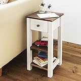 ツートーンのフレンチカントリー サイドテーブル ホワイトとブラウンカラーのコントラスト 引き出し付き（ノーブランド品）