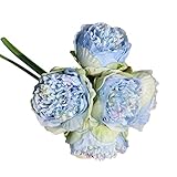 人工牡丹、クリアランス。1bouquet 5ヘッド人工牡丹シルクフラワーリーフホームブライダルウェディングパーティー祭バー装飾 ブルー